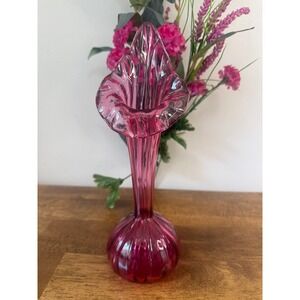 Vintage Cranberry Glass Jack in the Pulpit Vase Art Glass Fluted Ruffled Vase